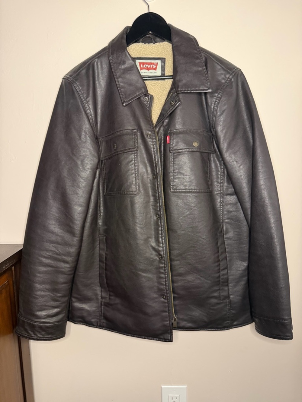 Levi's Men's Dark Brown Leather Bomber Jacket with Cream Sherpa Lining